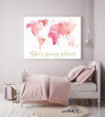 Pink gold world map watercolor, she's going places, blush pink and gold, world map print for nursery, nursery decor girl, pink and gold