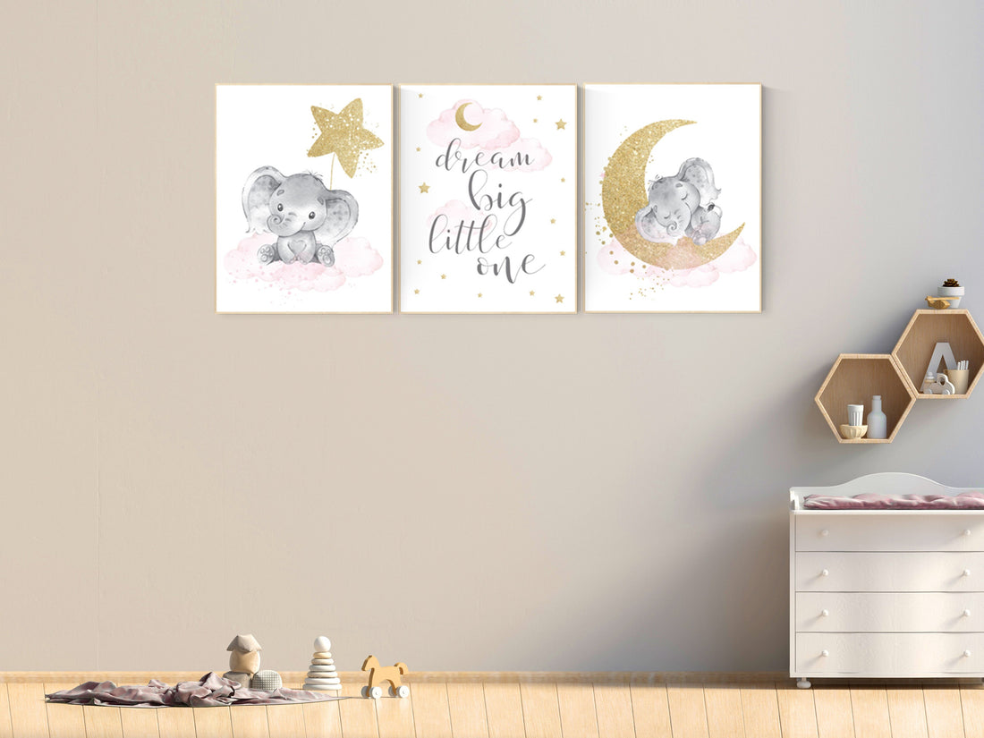 Elephant nursery wall art, moon and stars nursery, pink and gold nursery decor, elephant cloud baby room, nursery prints girl, gold nursery