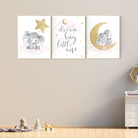 Elephant nursery wall art, moon and stars nursery, pink and gold nursery decor, elephant cloud baby room, nursery prints girl, gold nursery