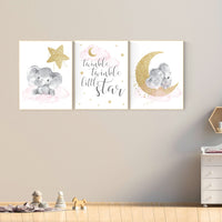 Elephant nursery wall art, moon and stars nursery, pink and gold nursery decor, elephant cloud baby room, nursery prints girl, gold nursery