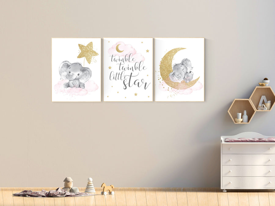 Elephant nursery wall art, moon and stars nursery, pink and gold nursery decor, elephant cloud baby room, nursery prints girl, gold nursery