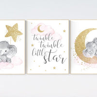 Elephant nursery wall art, moon and stars nursery, pink and gold nursery decor, elephant cloud baby room, nursery prints girl, gold nursery