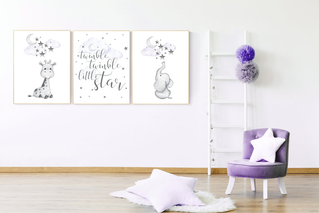 Nursery wall art girl giraffe, Nursery decor girl purple, lilac, nursery decor elephant, elephant giraffe, twinkle twinkle little star