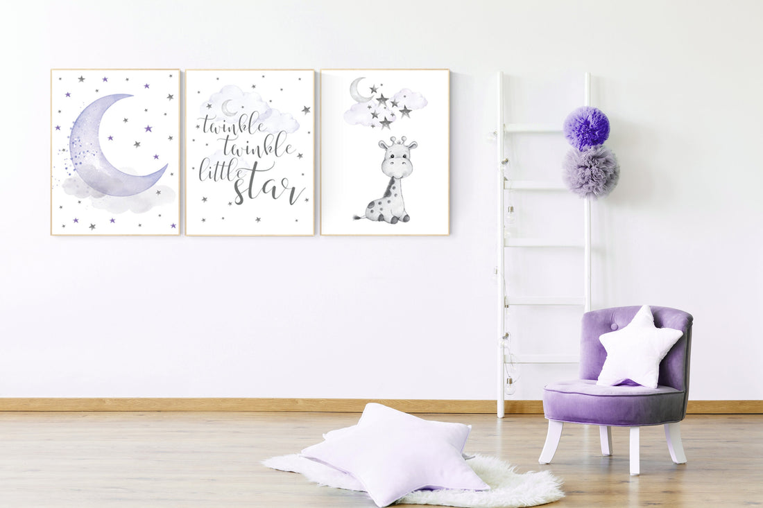 Nursery wall art girl giraffe, Nursery decor girl purple, lilac nursery decor, twinkle twinkle little star, lavender nursery, moon and stars