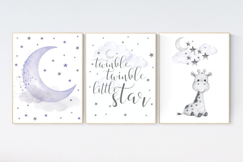 Nursery wall art girl giraffe, Nursery decor girl purple, lilac nursery decor, twinkle twinkle little star, lavender nursery, moon and stars