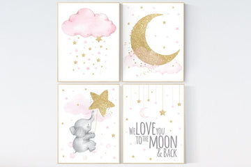 Nursery decor girl elephant, pink and gold nursery, we love you to the moon and back, pink nursery art, cloud and stars, baby room decor