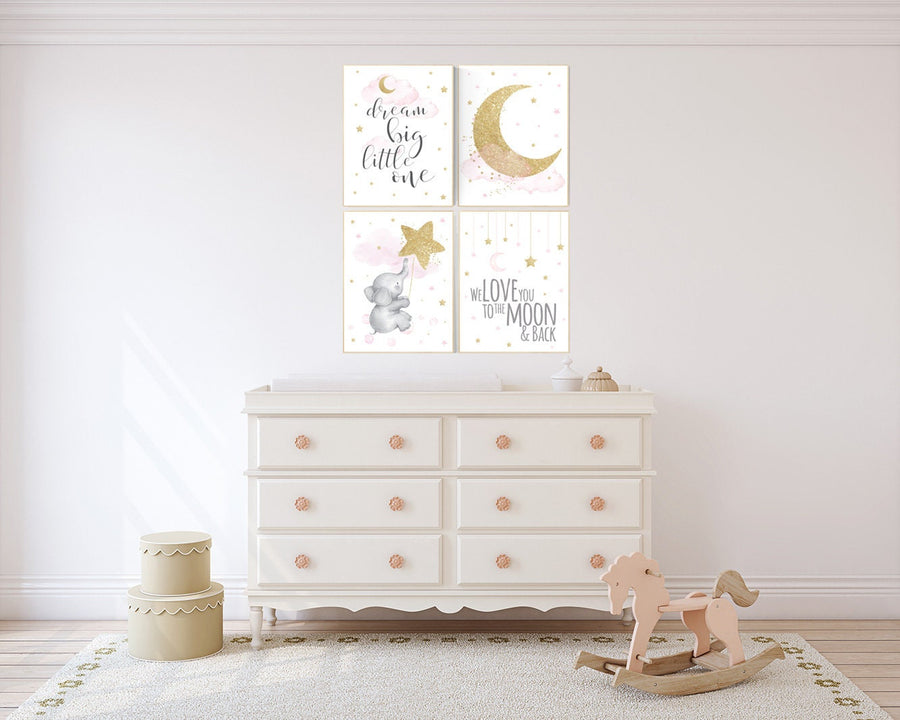 Nursery decor girl elephant, pink and gold nursery, we love you to the moon and back, pink nursery art, cloud and stars, baby room decor