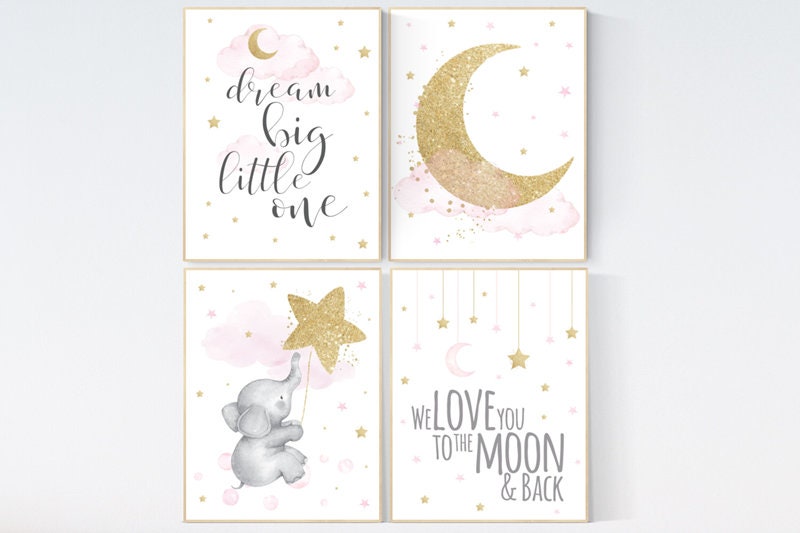 Nursery decor girl elephant, pink and gold nursery, we love you to the moon and back, pink nursery art, cloud and stars, baby room decor