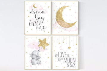 Nursery decor girl elephant, pink and gold nursery, we love you to the moon and back, pink nursery art, cloud and stars, baby room decor