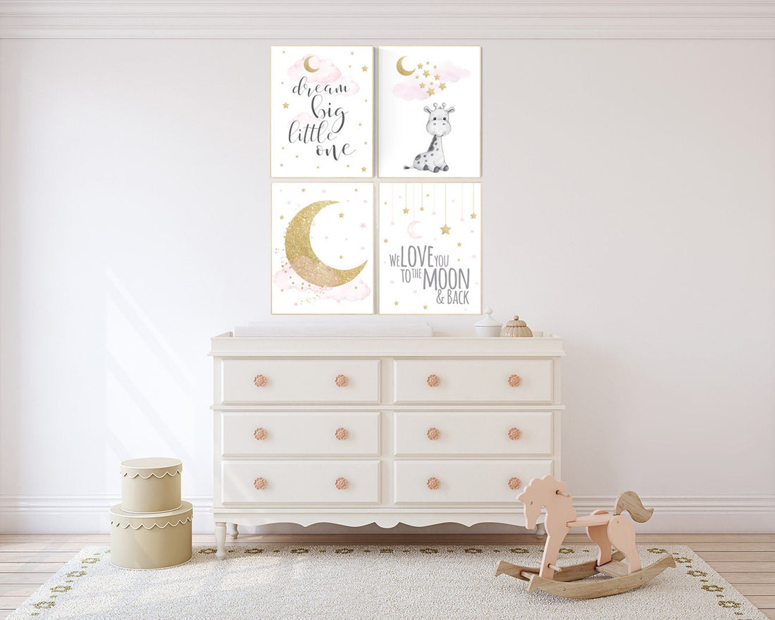 Nursery decor girl giraffe, pink and gold nursery, we love you to the moon and back, pink nursery art, cloud and stars, baby room decor