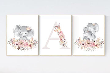 Nursery decor girl boho, elephant nursery wall art, nursery decor girl floral, nursery decor girl woodland, floral nursery, boho nursery