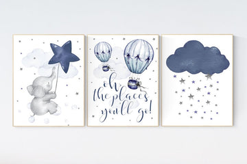 Nursery decor boy elephant, oh the places you'll go, navy nursery decor, cloud and stars, hot air balloon, navy blue nursery art. baby room