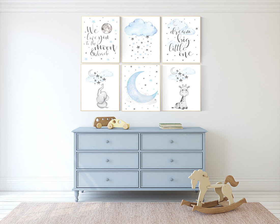 Nursery decor boy elephant, nursery wall art boy, moon and stars, nursery decor giraffe, elephant nursery art, Blue and gray, cloud nursery