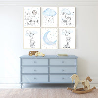 Nursery decor boy elephant, nursery wall art boy, moon and stars, nursery decor giraffe, elephant nursery art, Blue and gray, cloud nursery