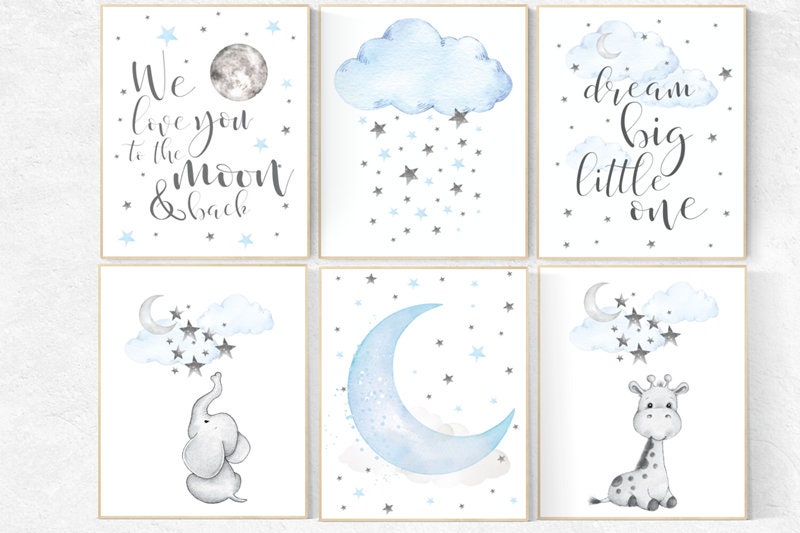 Nursery decor boy elephant, nursery wall art boy, moon and stars, nursery decor giraffe, elephant nursery art, Blue and gray, cloud nursery