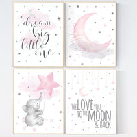 Nursery decor girl pink and gray, elephant nursery, nursery decor girl pink, we love you to the moon and back, moon and star nursery