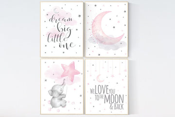 Nursery decor girl pink and gray, elephant nursery, nursery decor girl pink, we love you to the moon and back, moon and star nursery