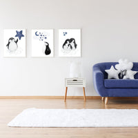 Navy nursery decor, penguin nursery, cloud and stars, navy blue nursery art. baby room wall art, boy nursery decor, nursery wall art penguin