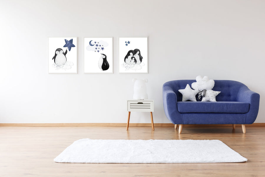 Navy nursery decor, penguin nursery, cloud and stars, navy blue nursery art. baby room wall art, boy nursery decor, nursery wall art penguin