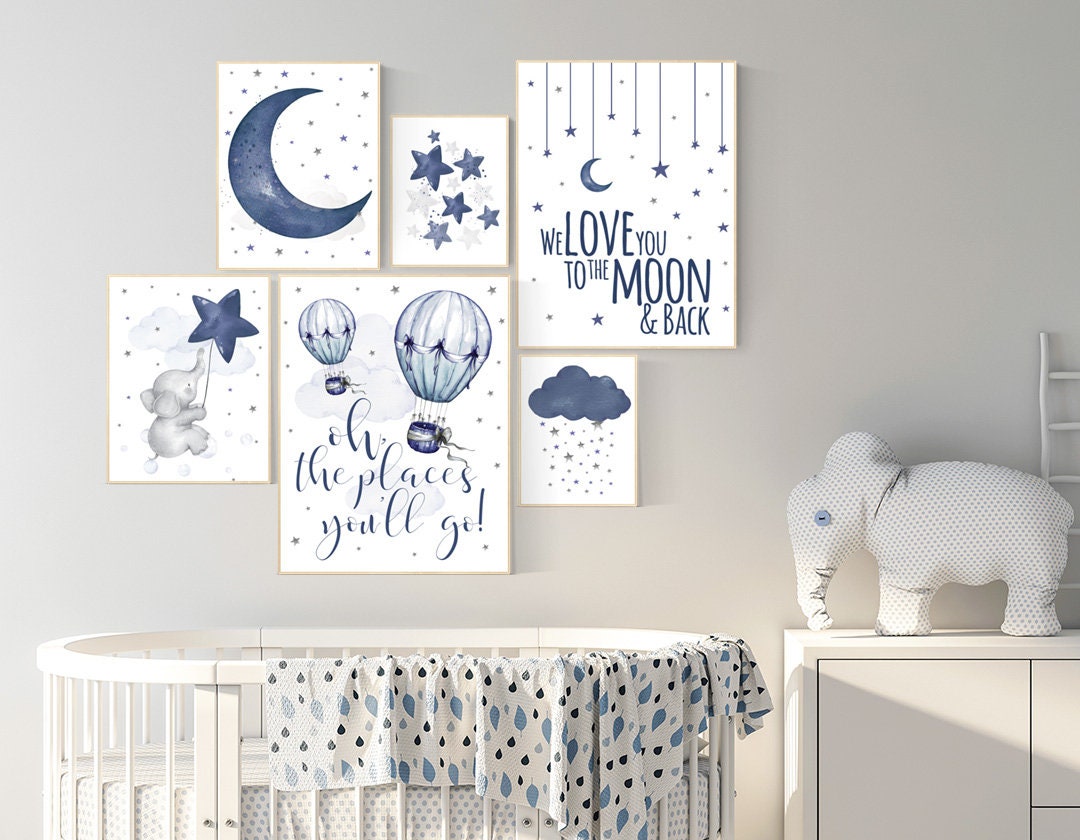 Nursery decor boy elephant, nursery wall art boy, navy Blue, cloud and stars, navy nursery, boy nursery decor, hot air balloon nursery art