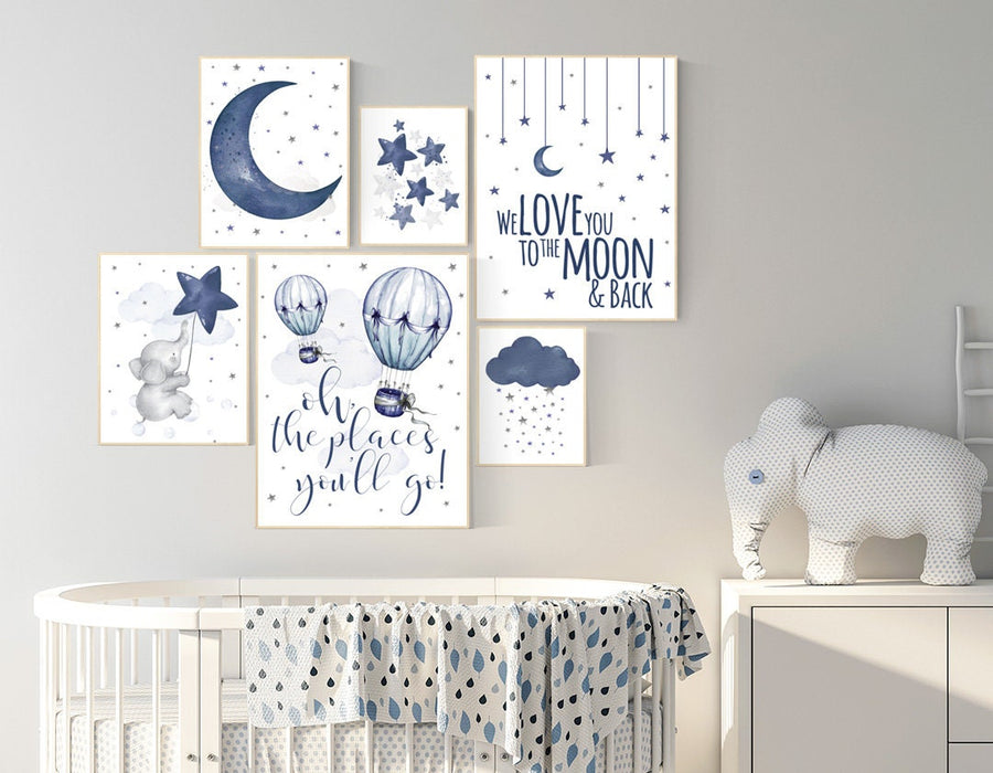 Nursery decor boy elephant, nursery wall art boy, navy Blue, cloud and stars, navy nursery, boy nursery decor, hot air balloon nursery art