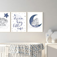 Nursery decor elephant, navy nursery decor, dream big little one, moon and stars, navy blue nursery art. baby room art, elephant nursery