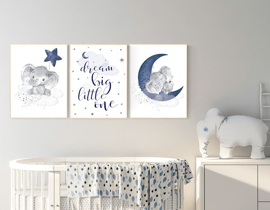 Nursery decor elephant, navy nursery decor, dream big little one, moon and stars, navy blue nursery art. baby room art, elephant nursery