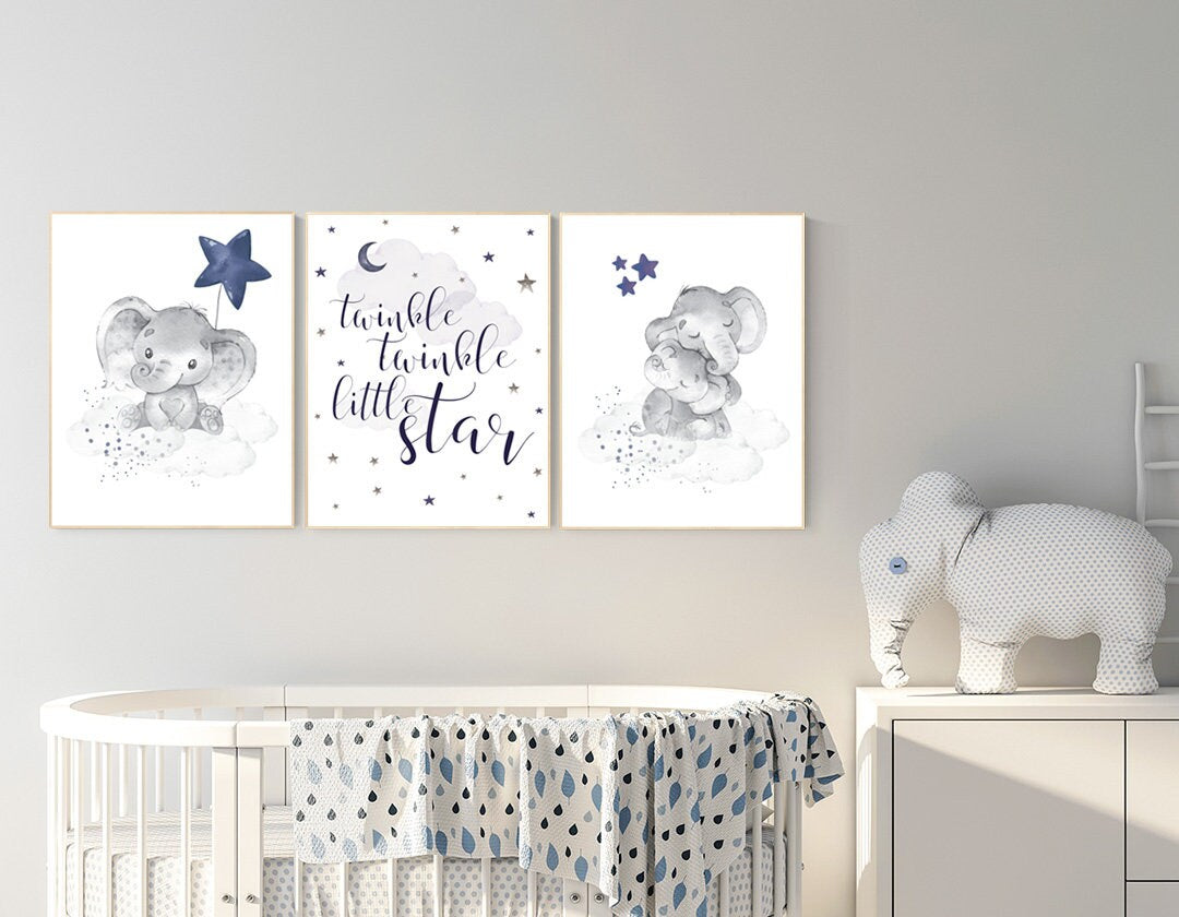 Nursery decor elephant, navy nursery decor, twinkle twinkle little star, moon and stars, navy blue nursery art. baby room, elephant nursery