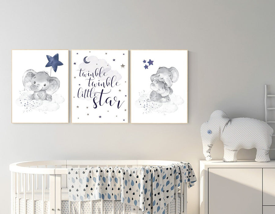 Nursery decor elephant, navy nursery decor, twinkle twinkle little star, moon and stars, navy blue nursery art. baby room, elephant nursery