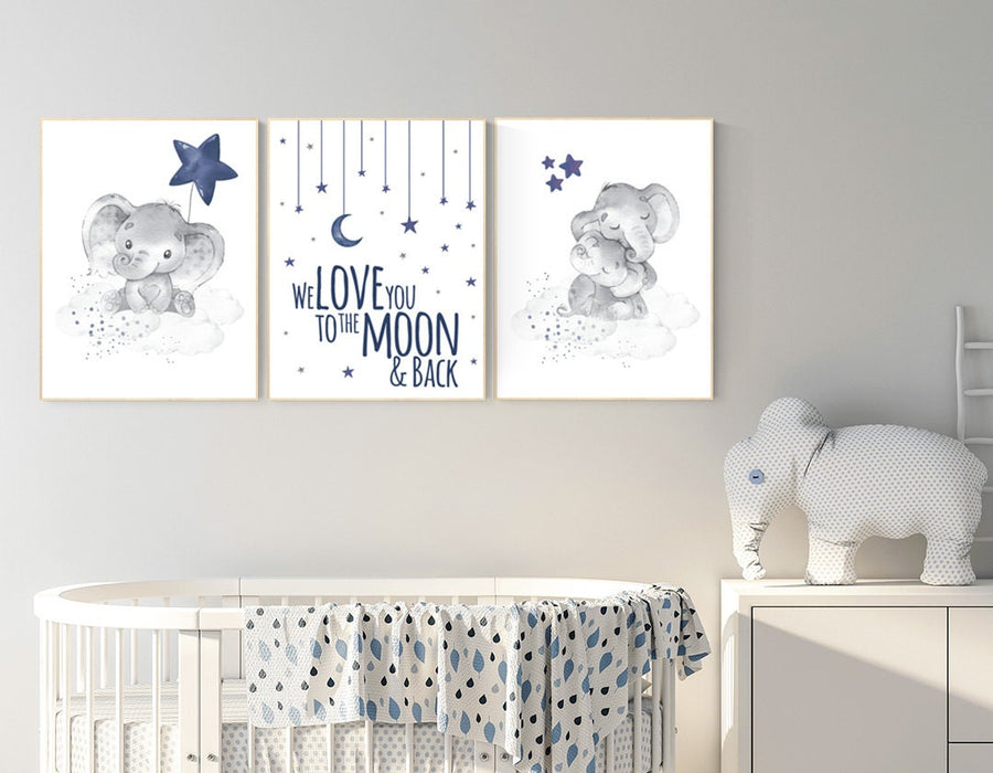Nursery decor boy elephant, navy nursery decor, we love you to the moon and back, moon and stars, navy blue nursery art, elephant nursery