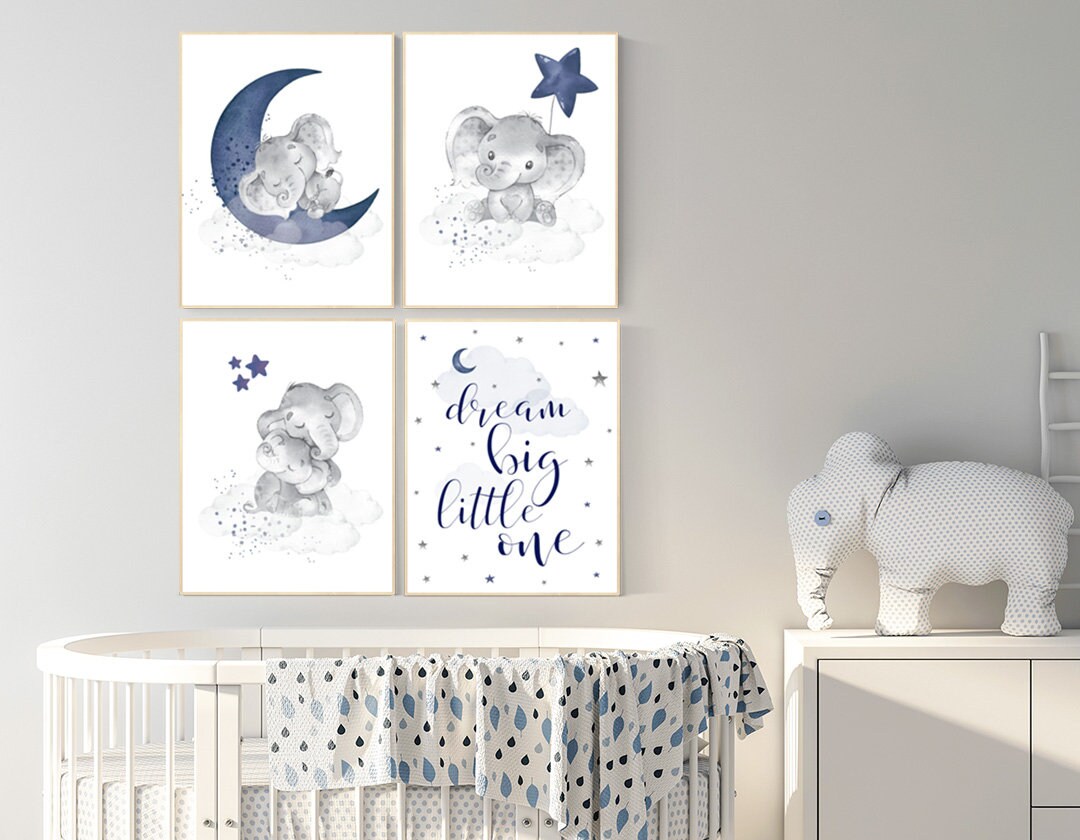 Nursery decor boy elephant, navy nursery decor, dream big little one, moon and stars, navy blue nursery art, elephant nursery, boy nursery