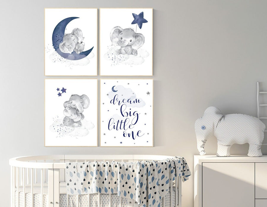 Nursery decor boy elephant, navy nursery decor, dream big little one, moon and stars, navy blue nursery art, elephant nursery, boy nursery