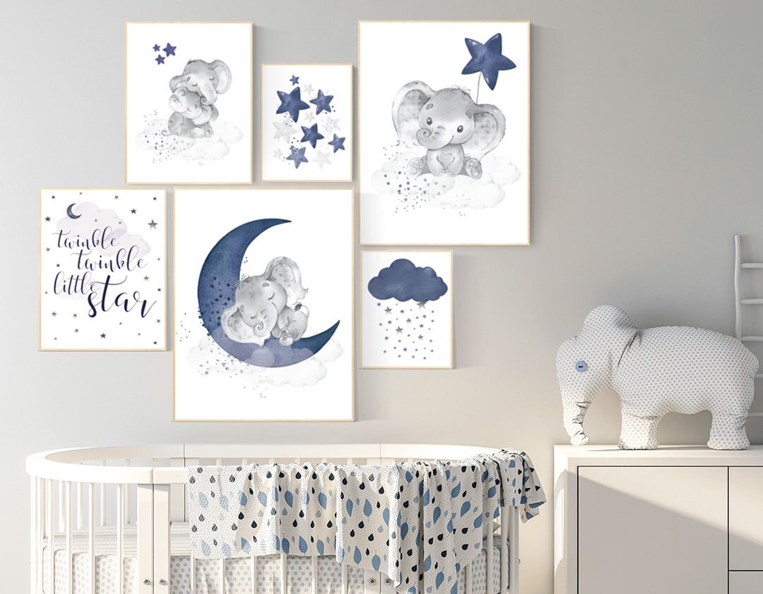 Nursery decor boy elephant, nursery wall art boy, navy Blue, moon and stars, navy nursery, boy nursery decor, elephant nursery art, star