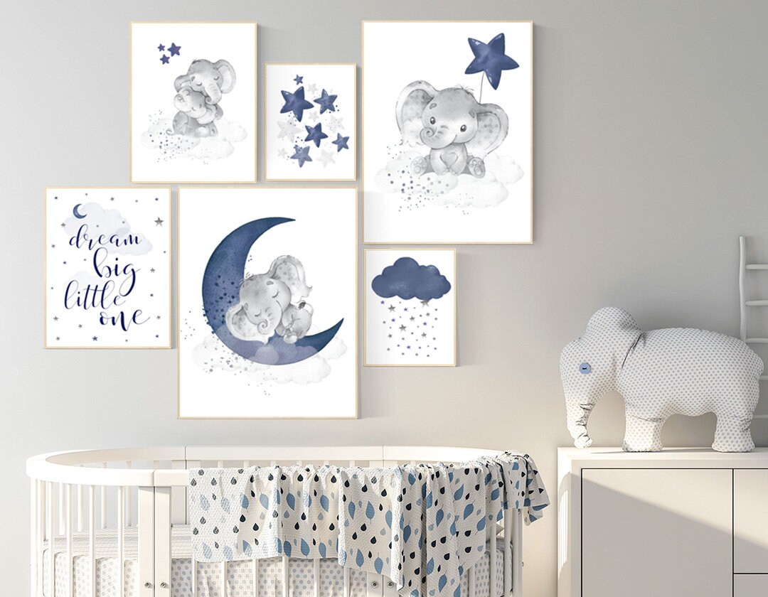 Nursery decor boy elephant, nursery wall art boy, navy Blue, moon and stars, navy nursery, boy nursery decor, elephant nursery art, star