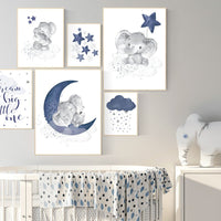 Nursery decor boy elephant, nursery wall art boy, navy Blue, moon and stars, navy nursery, boy nursery decor, elephant nursery art, star