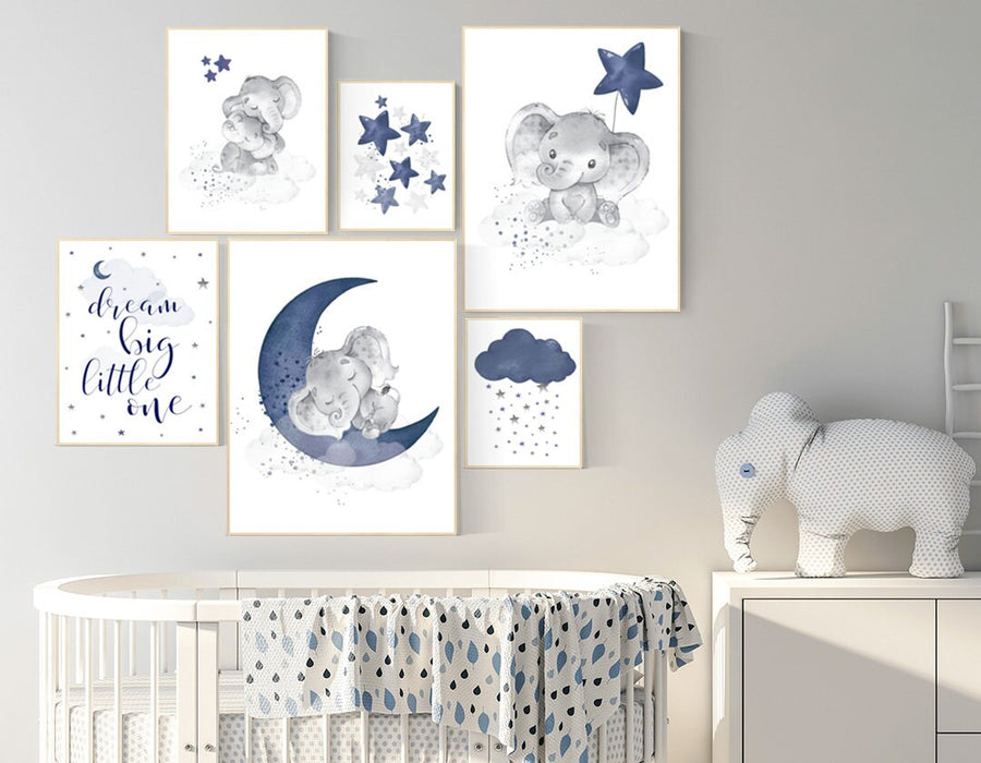Nursery decor boy elephant, nursery wall art boy, navy Blue, moon and stars, navy nursery, boy nursery decor, elephant nursery art, star
