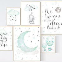 Nursery decor mint, mint green nursery, hot air balloon, dream big little one, gender neutral nursery, elephant nursery. moon and clouds