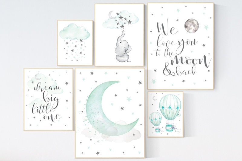 Nursery decor mint, mint green nursery, hot air balloon, dream big little one, gender neutral nursery, elephant nursery. moon and clouds