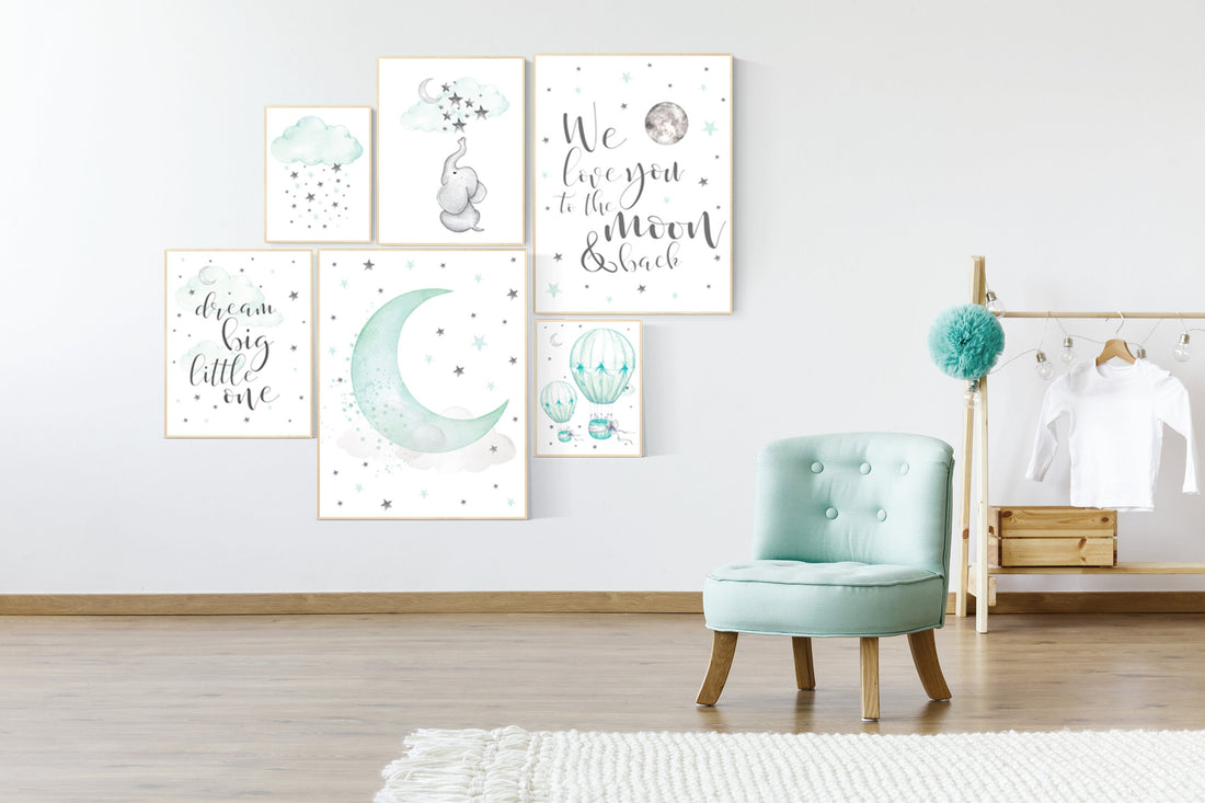 Nursery decor mint, mint green nursery, hot air balloon, dream big little one, gender neutral nursery, elephant nursery. moon and clouds