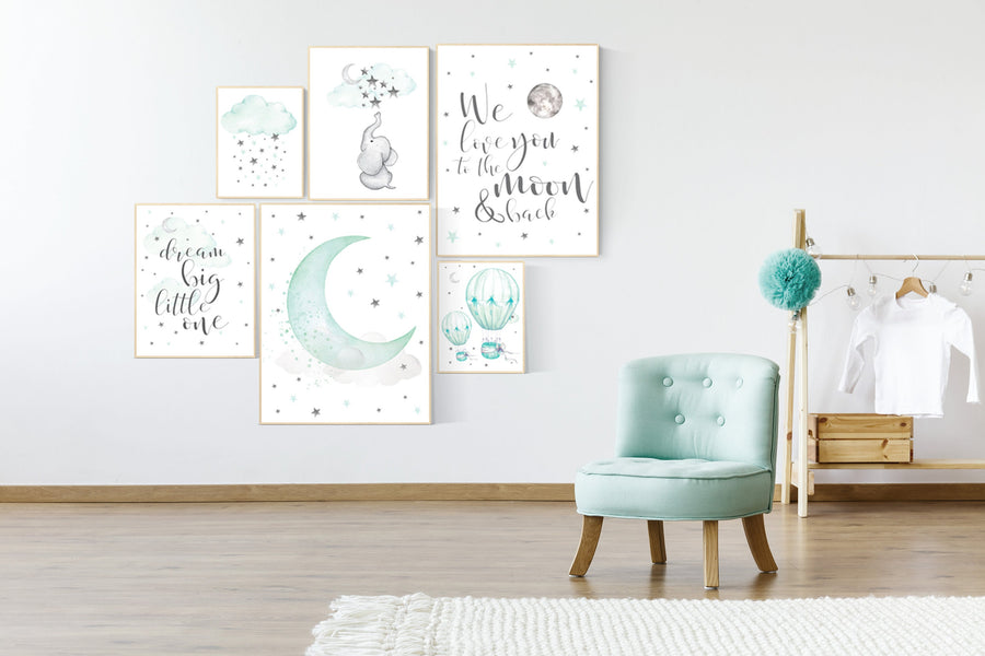 Nursery decor mint, mint green nursery, hot air balloon, dream big little one, gender neutral nursery, elephant nursery. moon and clouds