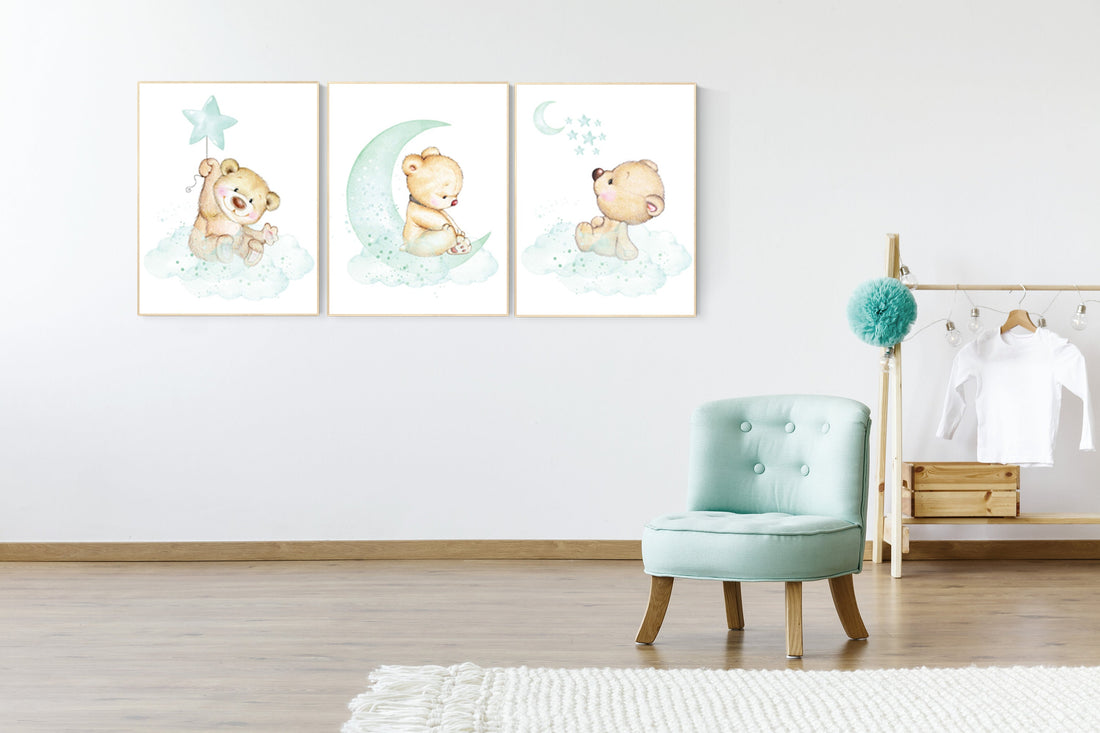 Mint nursery decor, nursery decor bear, teddy bear, gender neutral nursery, moon and clouds, mint green nursery wall art, baby room decor