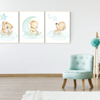 Mint nursery decor, nursery decor bear, teddy bear, gender neutral nursery, moon and clouds, mint green nursery wall art, baby room decor