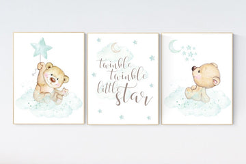 Mint nursery decor, nursery decor bear, teddy bear, gender neutral nursery, moon and stars, twinkle twinkle little star, baby room wall art