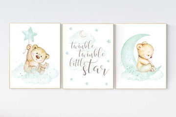 Mint nursery decor, nursery decor bear, teddy bear, gender neutral nursery, moon and stars, twinkle twinkle little star, baby room wall art