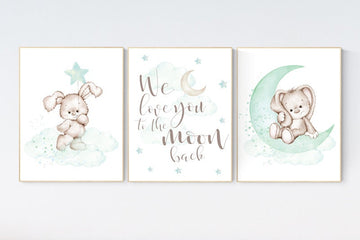 Nursery decor bunny, mint nursery, rabbit nursery, mint green nursery, we love you to the moon and back, gender neutral, mint green nursery