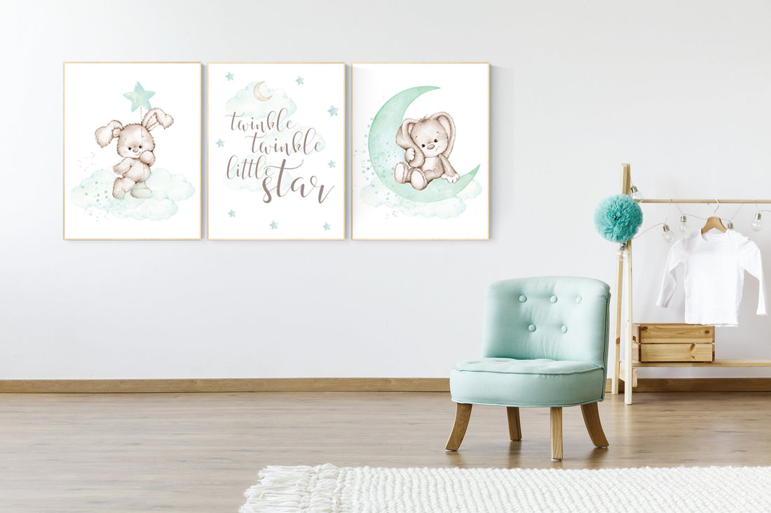 Nursery decor bunny, mint nursery, rabbit nursery decor, mint green nursery, Bunny print nursery, gender neutral nursery, woodland animals