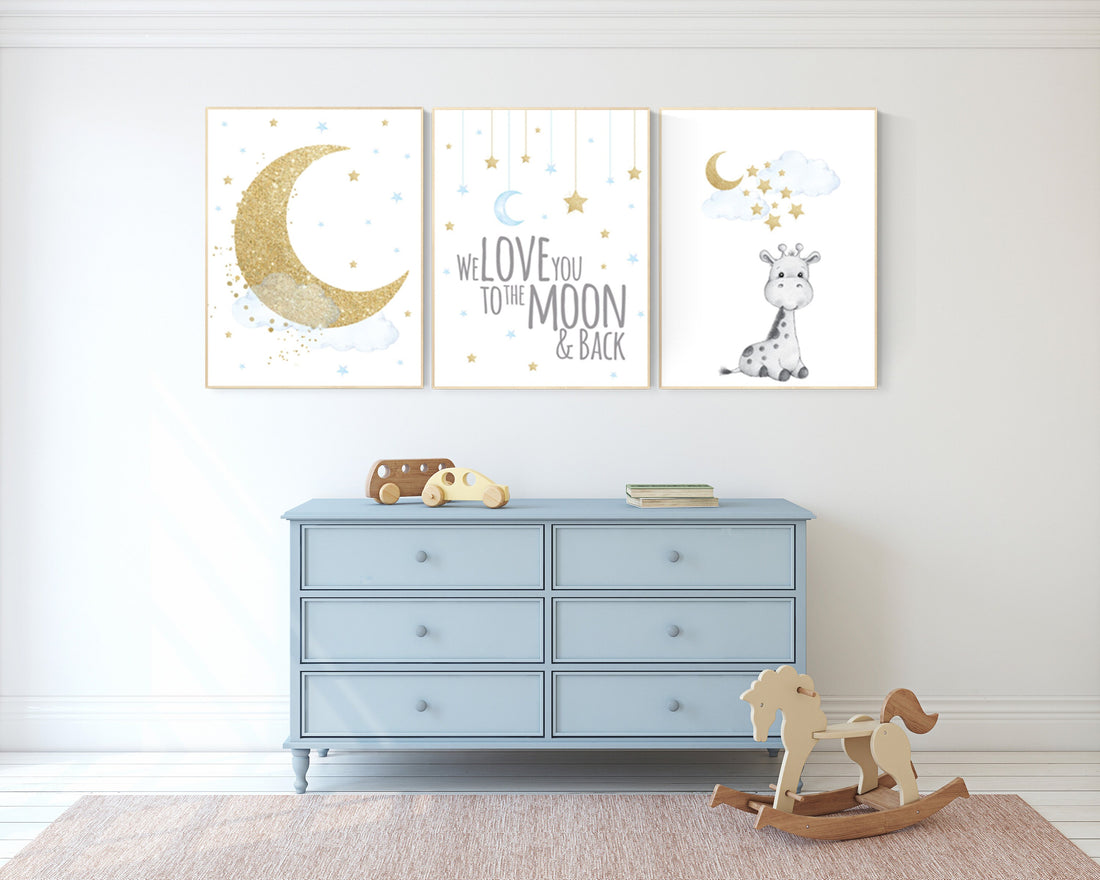 Nursery decor boy giraffe, blue and gold nursery, we love you to the moon and back, blue nursery wall art, cloud and stars, baby room decor