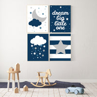 Navy blue wall art set, dream big little one, navy blue nursery prints, navy gray, nursery decor boy, nursery decor elephant, elephant