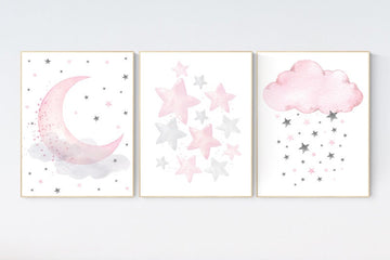 Nursery decor girl, Nursery decor girl pink and gray, pink nursery, moon and star, girl nursery wall art, baby room art, nursery prints girl