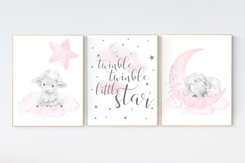 Nursery decor girl, Sheep nursery decor, nursery decor lambs, nursery wall art sheep, moon and cloud wall art nursery, girl nursery decor